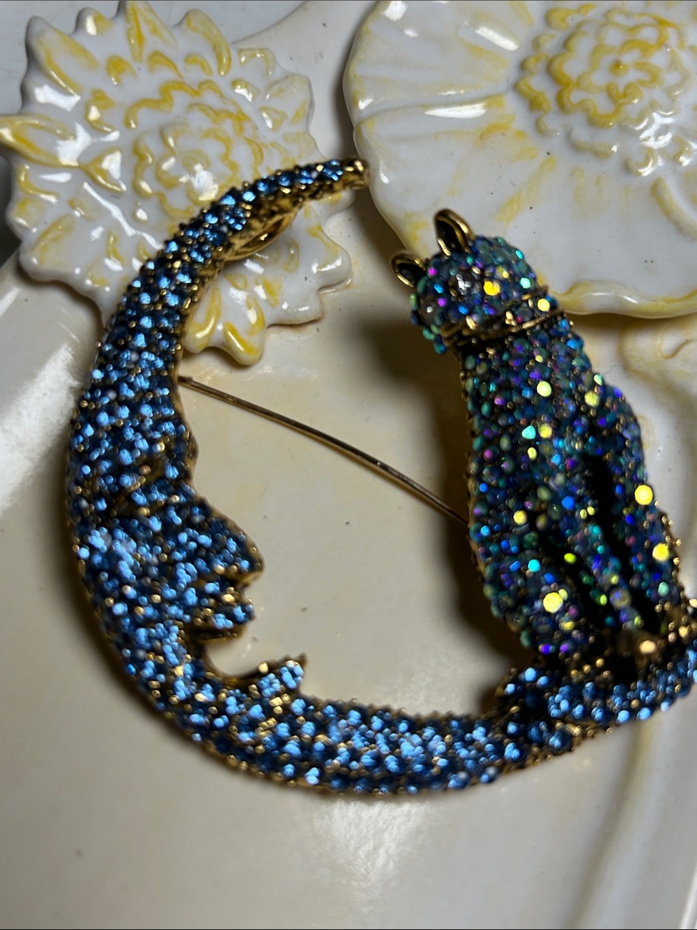 Blue Crystal Cat Moon Brooch